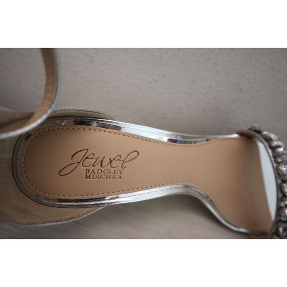 Jewel Badgley Mischka Women's Sz 8.5 Silver Dash Embellished Heel Sandals - Picture 7 of 16